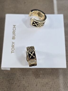 Tory Burch Gold and Black Logo Hoop Earrings